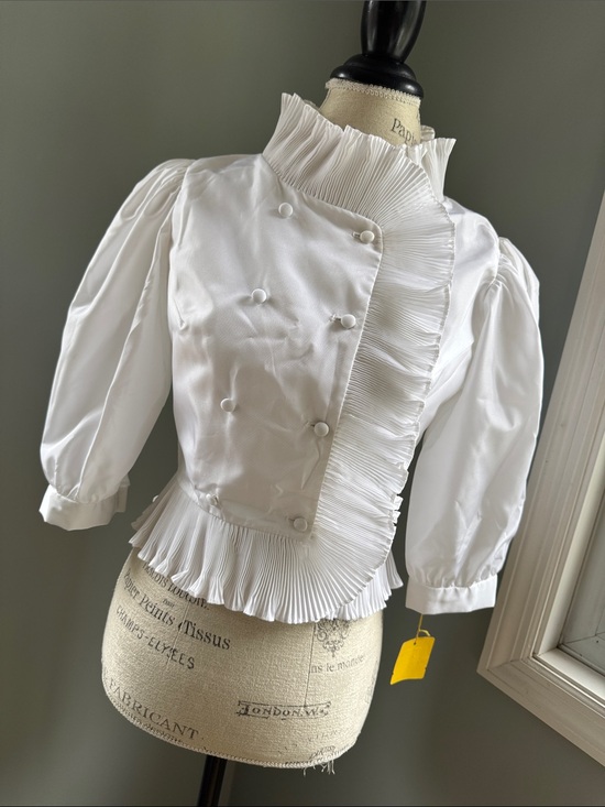 Tally Tops - The Gilbert’s for TALLY vintage double breasted high ruffled neck taffeta top S